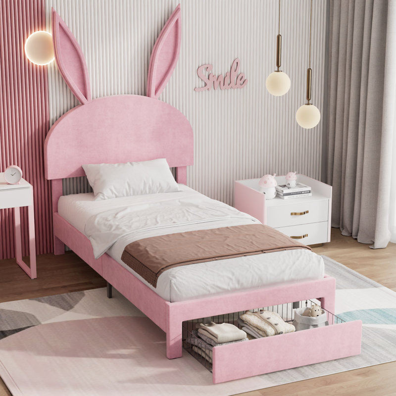 Rabbit Ear Upholstered Headboard Adjustable Height Twin Size Platform Single Bed with Drawers Harper Orchard
